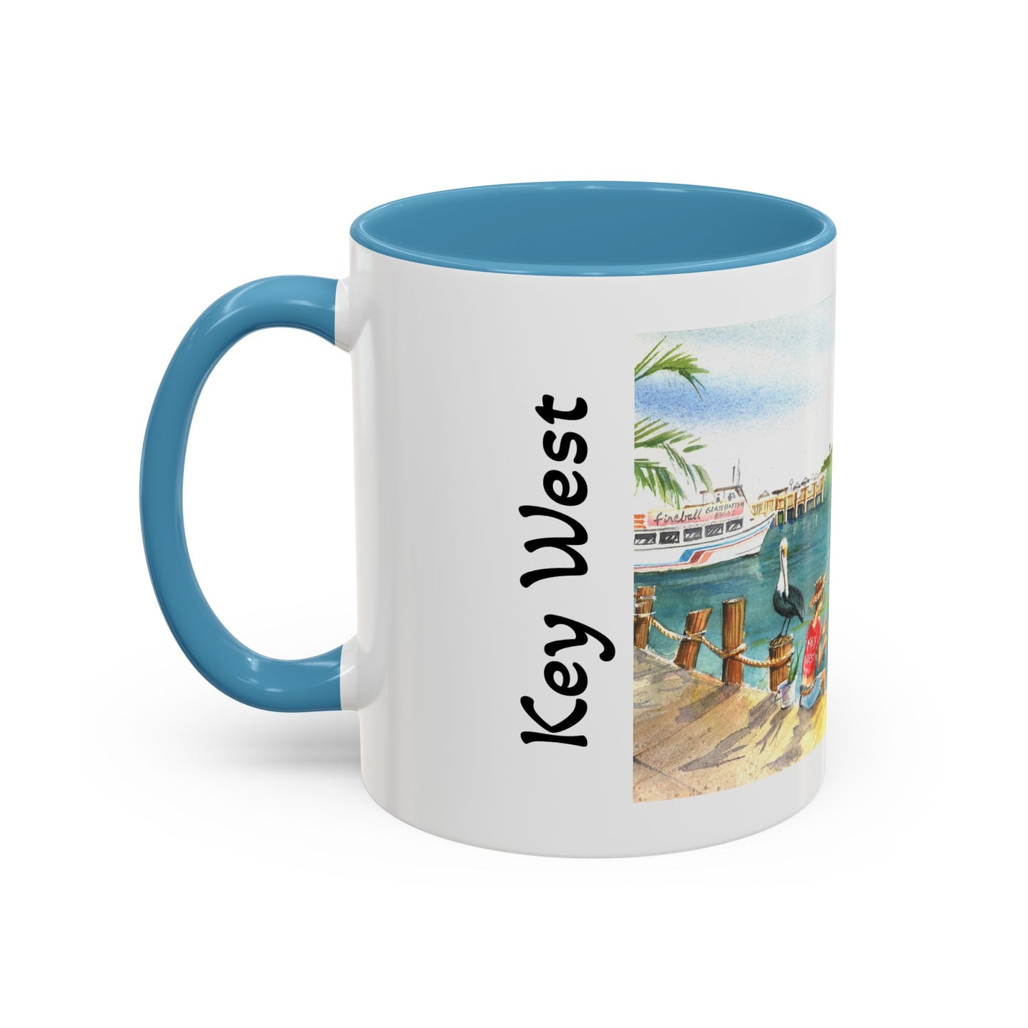 Fishing on A Pier in Key West, Watercolor Accent Coffee Mug (11oz)