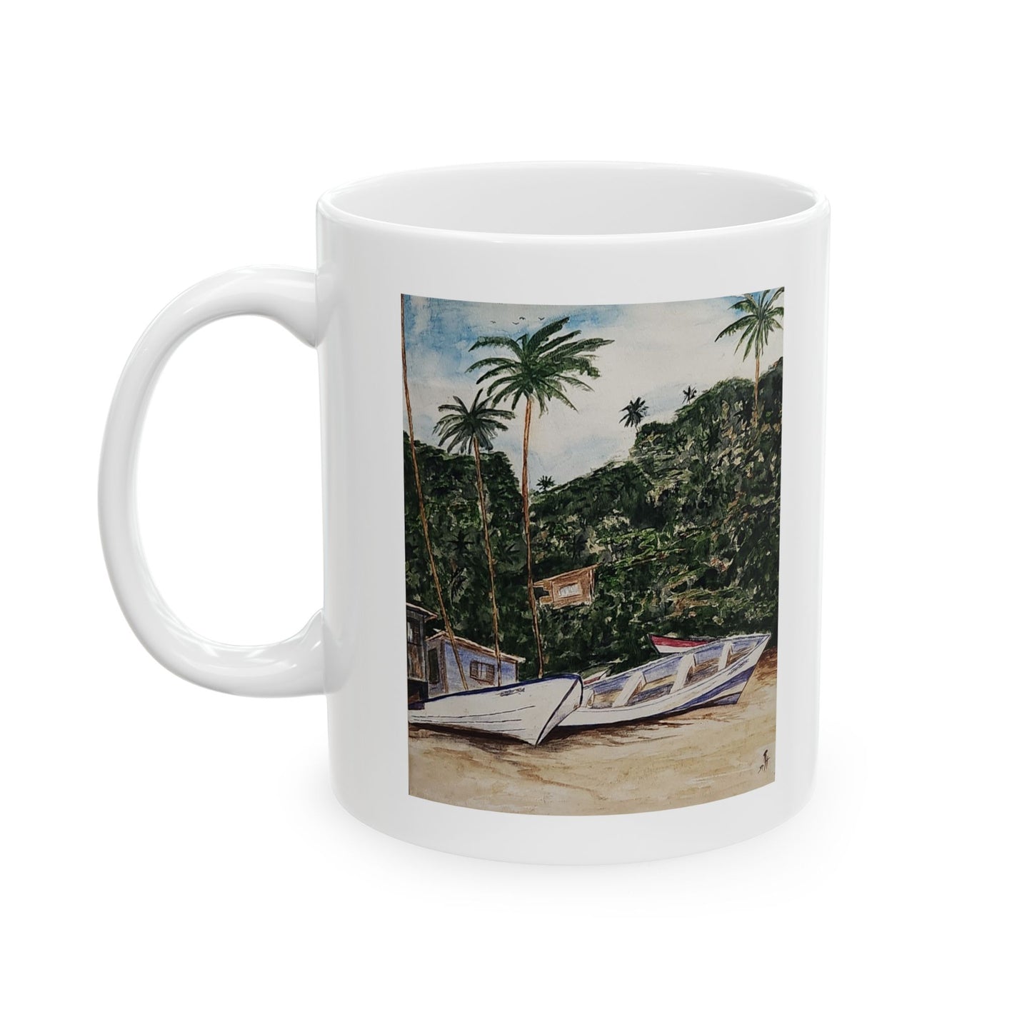 An Original watercolor of Fishing boats on the beach, Ceramic Mug (11oz)