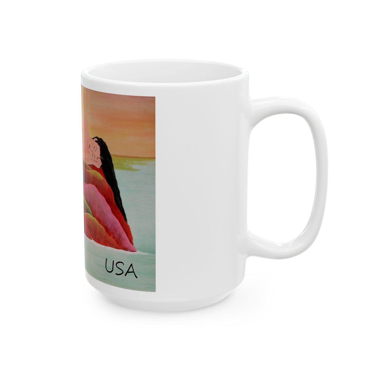 Mug - Mermaid Relaxing on Rock at Sunset in US Colors - Ceramic (15oz)