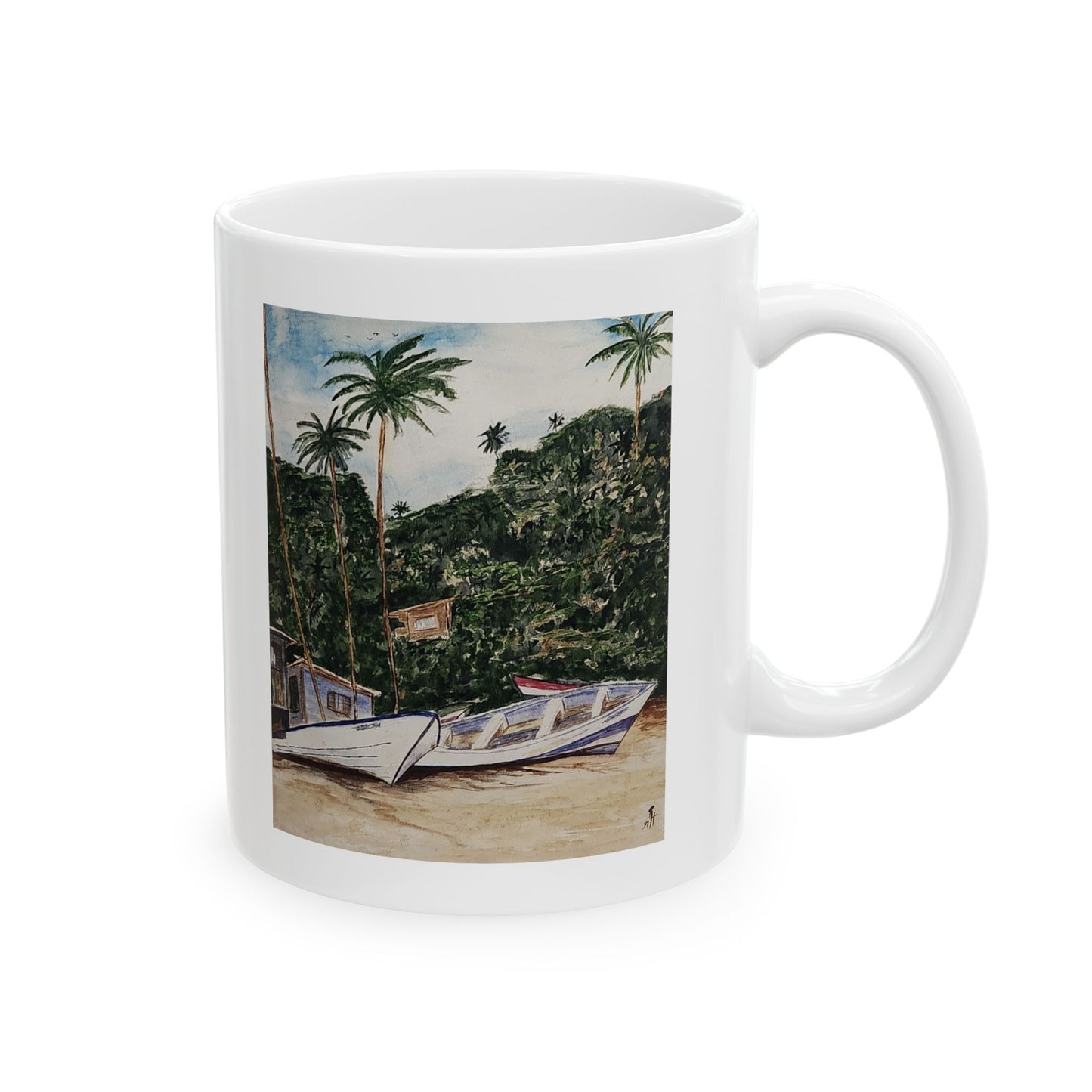 An Original watercolor of Fishing boats on the beach, Ceramic Mug (11oz)