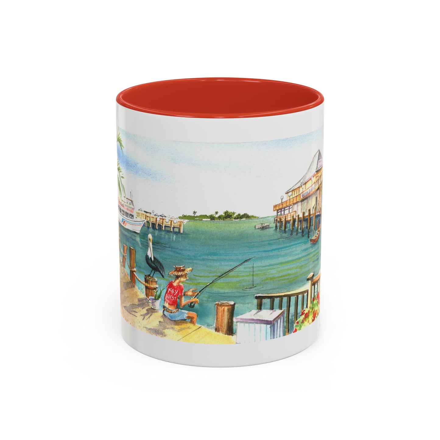 Fishing on A Pier in Key West, Watercolor Accent Coffee Mug (11oz)