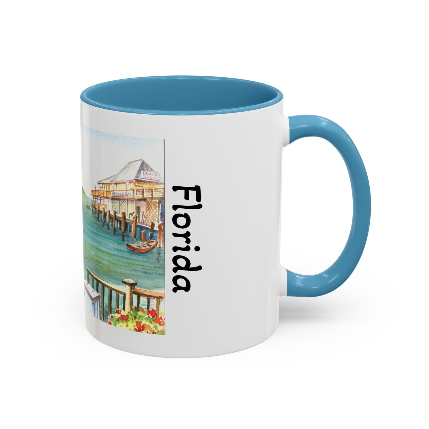 Fishing on A Pier in Key West, Watercolor Accent Coffee Mug (11oz)
