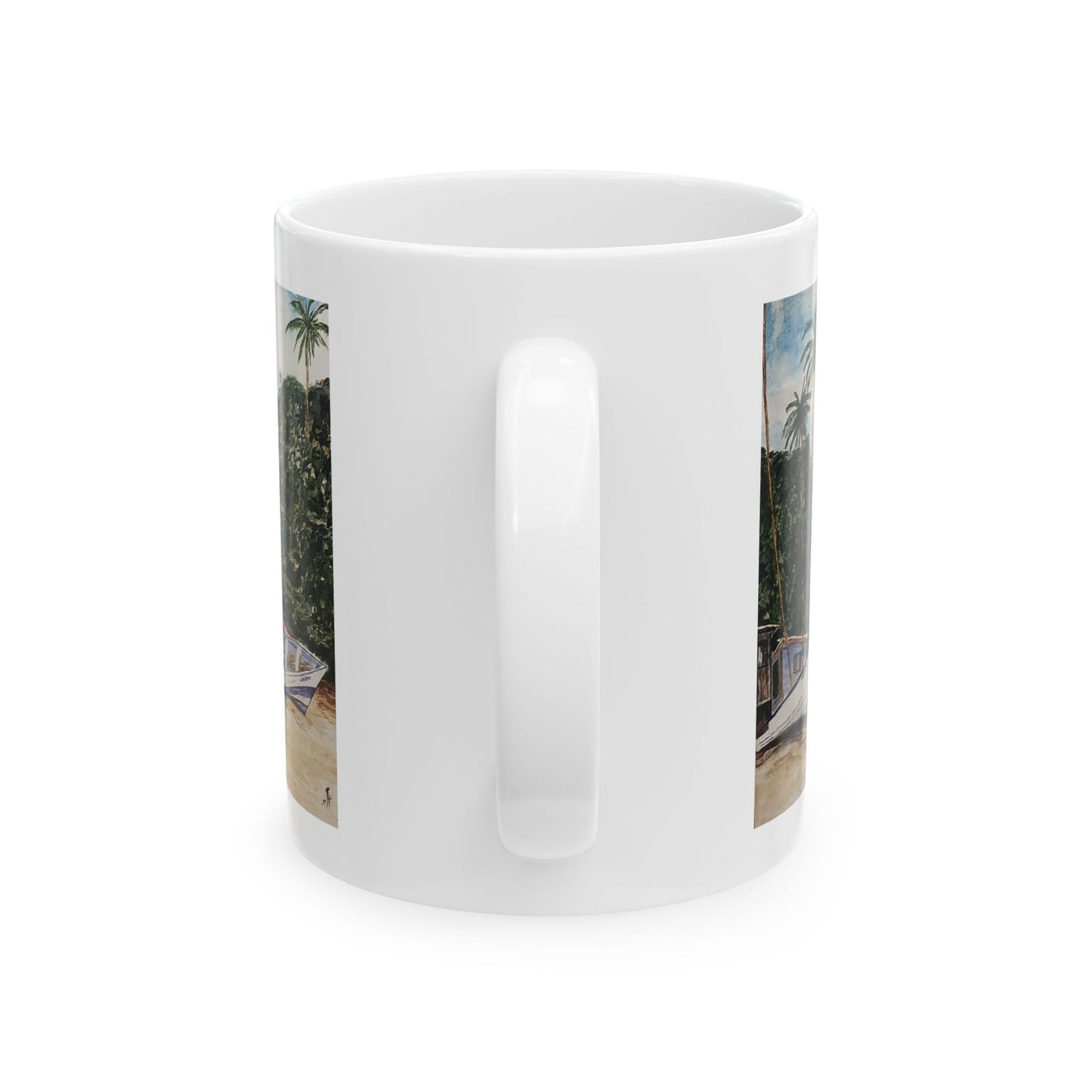 An Original watercolor of Fishing boats on the beach, Ceramic Mug (11oz)