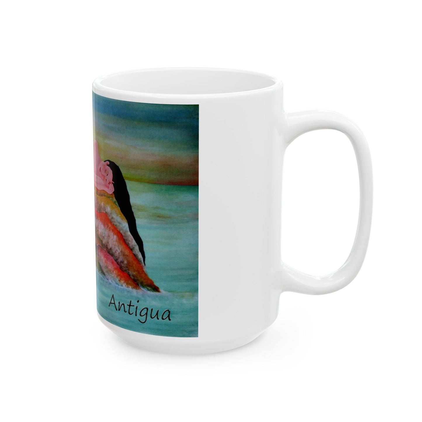 Mug - Mermaid Relaxing on Rock at Sunset with Antiguan Flag Tail Design