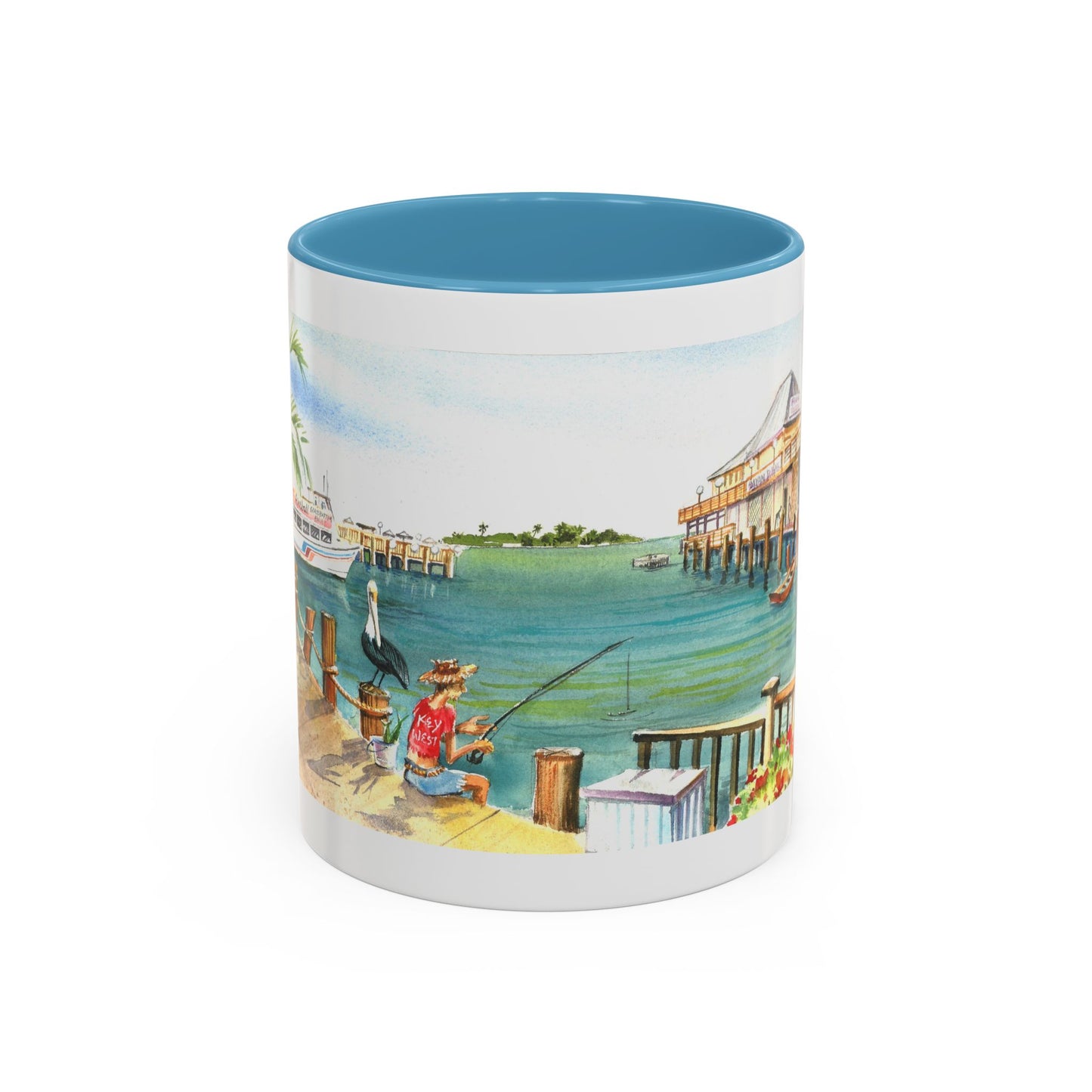 Fishing on A Pier in Key West, Watercolor Accent Coffee Mug (11oz)