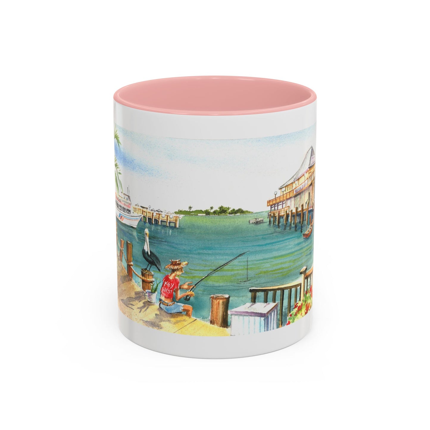 Fishing on A Pier in Key West, Watercolor Accent Coffee Mug (11oz)