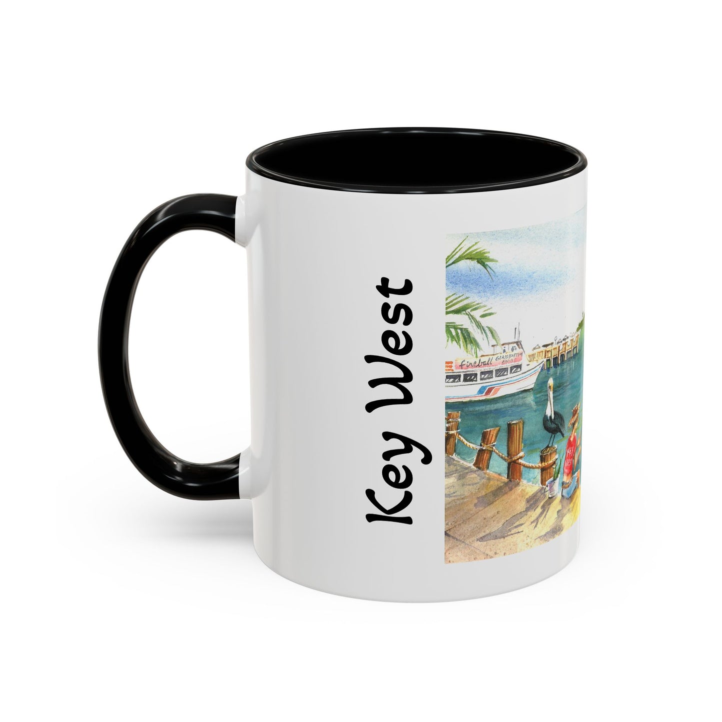 Fishing on A Pier in Key West, Watercolor Accent Coffee Mug (11oz)