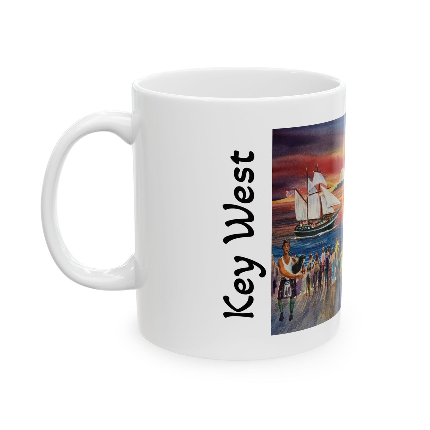 Sunset on Mallory Square Key West, Original Watercolor on Ceramic Mug, (11oz)