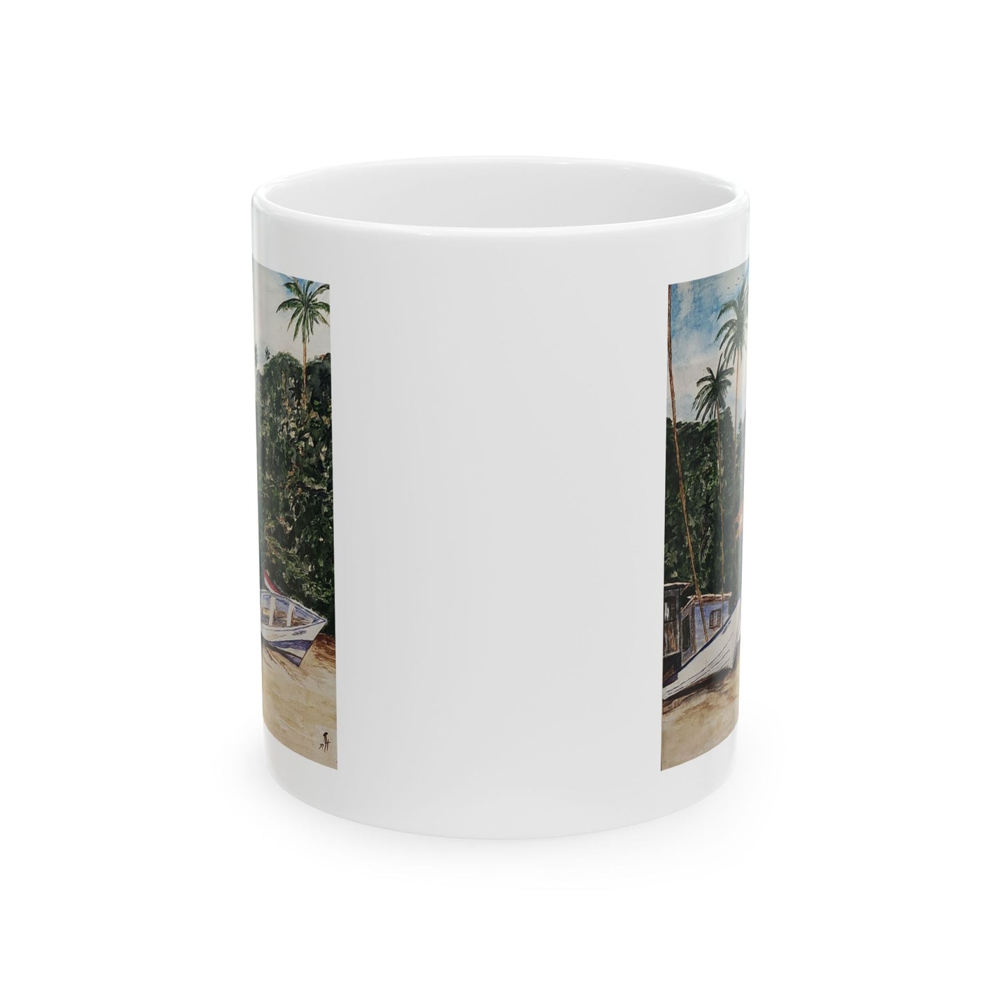 An Original watercolor of Fishing boats on the beach, Ceramic Mug (11oz)
