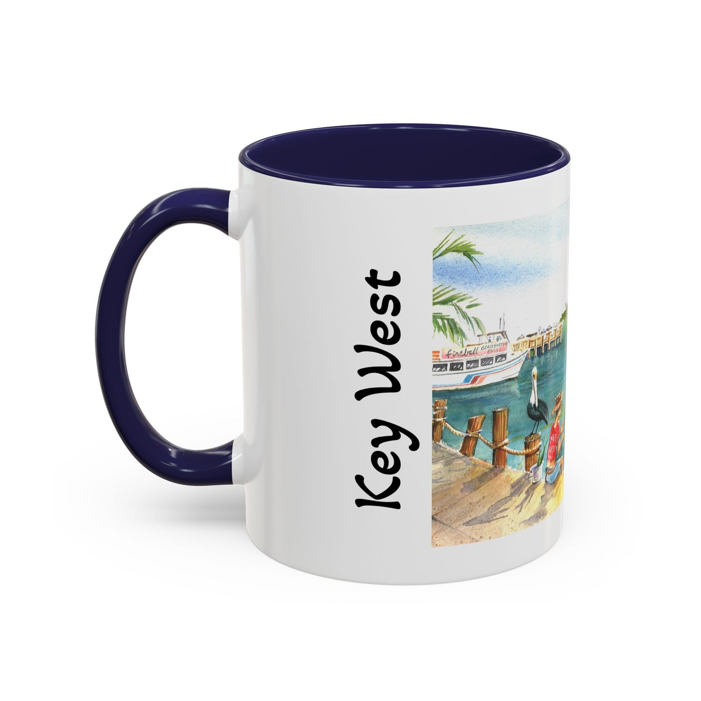 Fishing on A Pier in Key West, Watercolor Accent Coffee Mug (11oz)