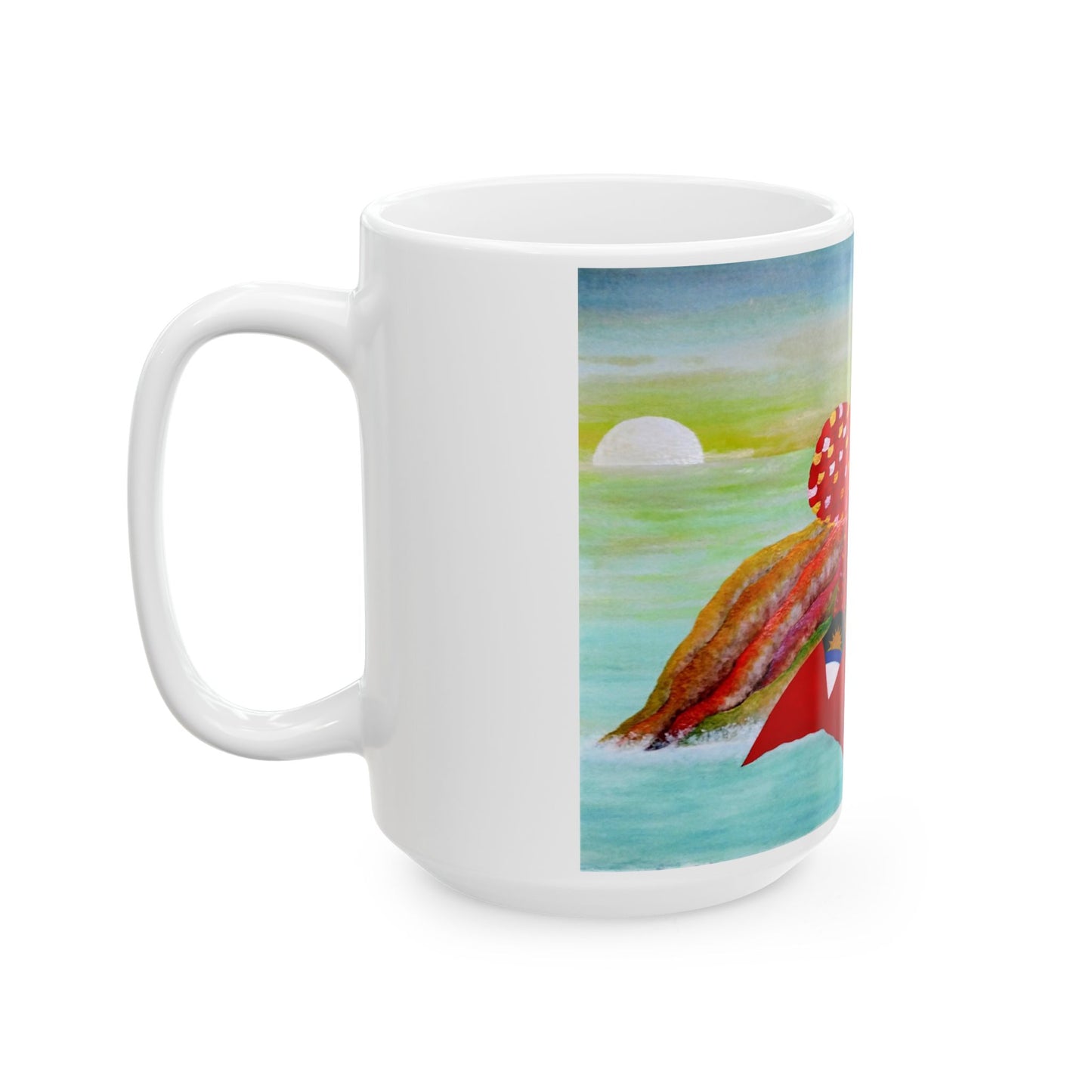 Mug - Mermaid Relaxing on Rock at Sunset with Antiguan Flag Tail Design