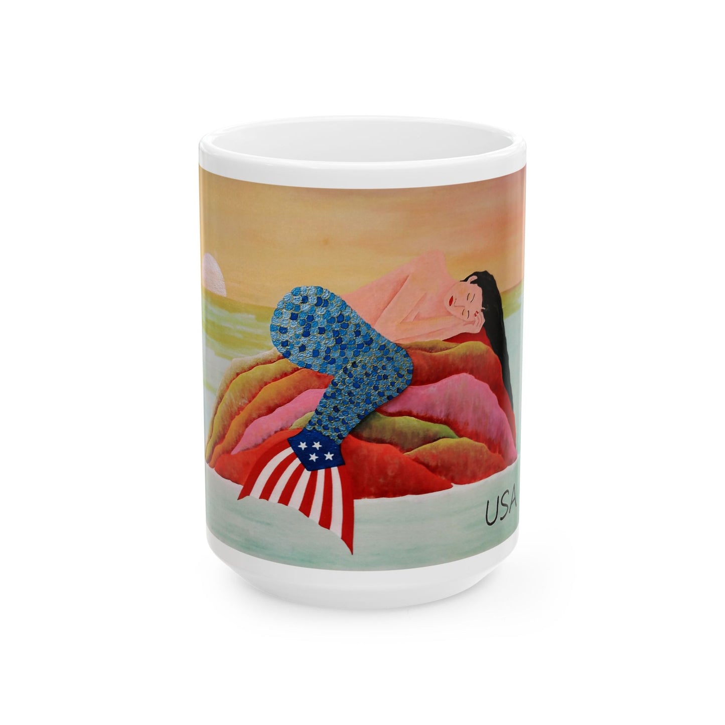 Mug - Mermaid Relaxing on Rock at Sunset in US Colors - Ceramic (15oz)