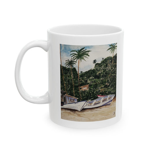 An Original watercolor of Fishing boats on the beach, Ceramic Mug (11oz)