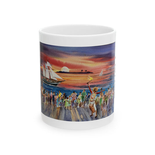 Sunset on Mallory Square Key West, Original Watercolor on Ceramic Mug, (11oz)