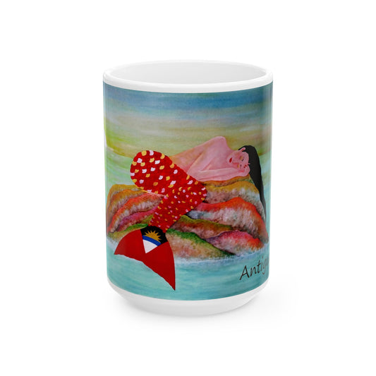 Mug - Mermaid Relaxing on Rock at Sunset with Antiguan Flag Tail Design