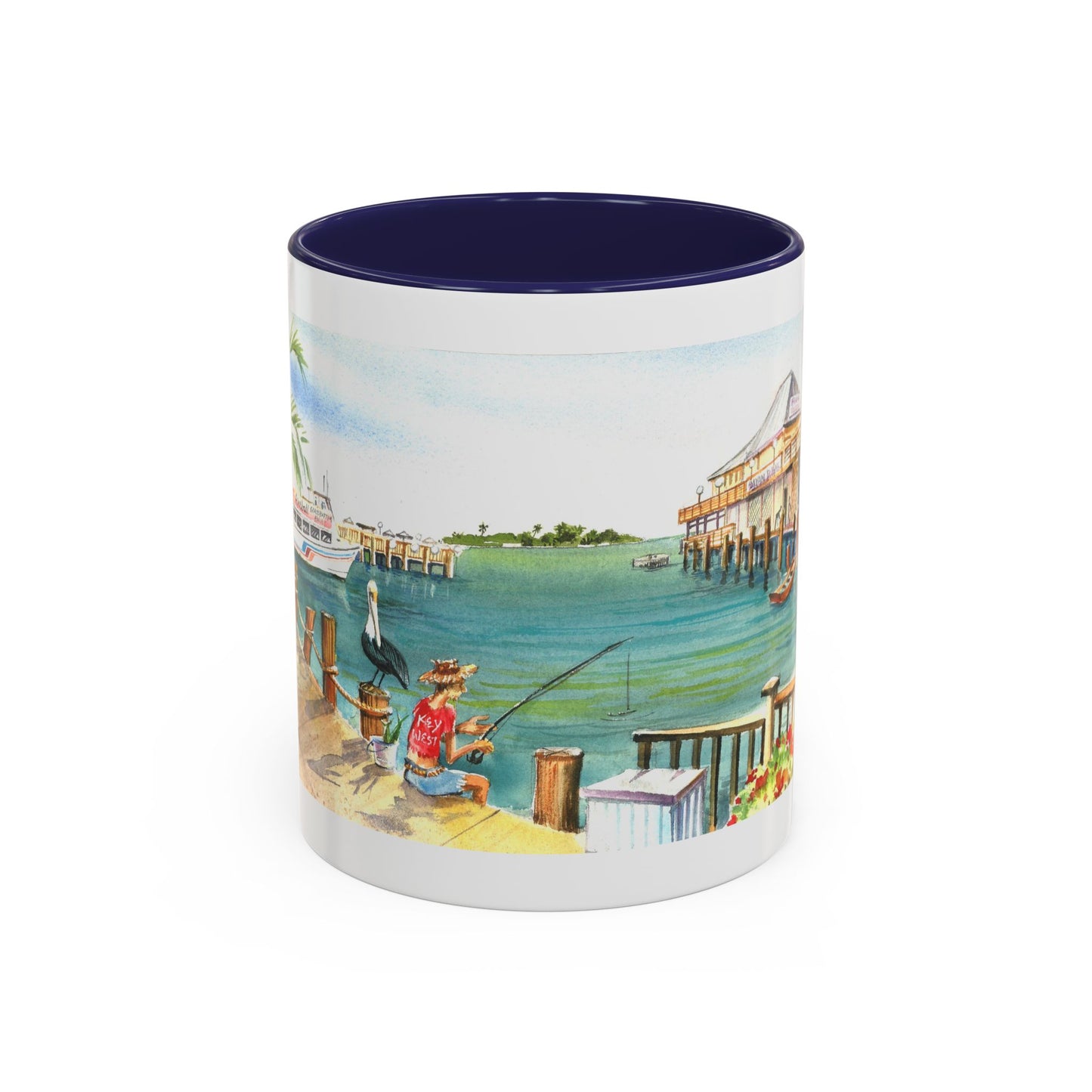 Fishing on A Pier in Key West, Watercolor Accent Coffee Mug (11oz)