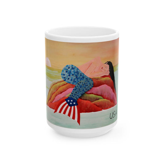 Mug - Mermaid Relaxing on Rock at Sunset in US Colors - Ceramic (15oz)